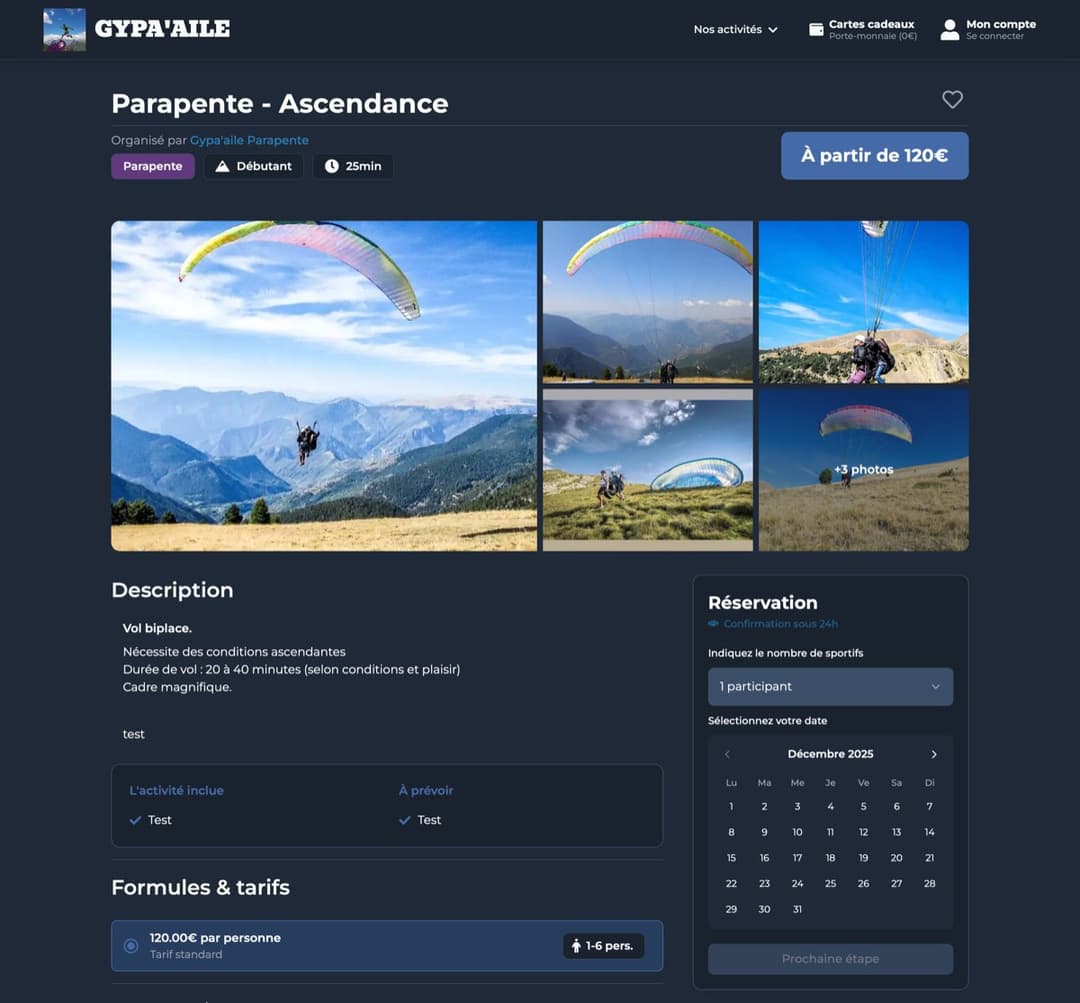 Exemple de page d'activité optimisée pour la réservation en ligne